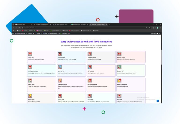 Vector illustration of multiple digital tool icons with violet effects, representing privacy policy, terms and conditions, data protection, and secure file management.